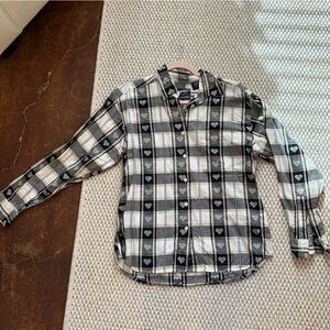 Black and White Plaid Button-Up Shirt with hearts